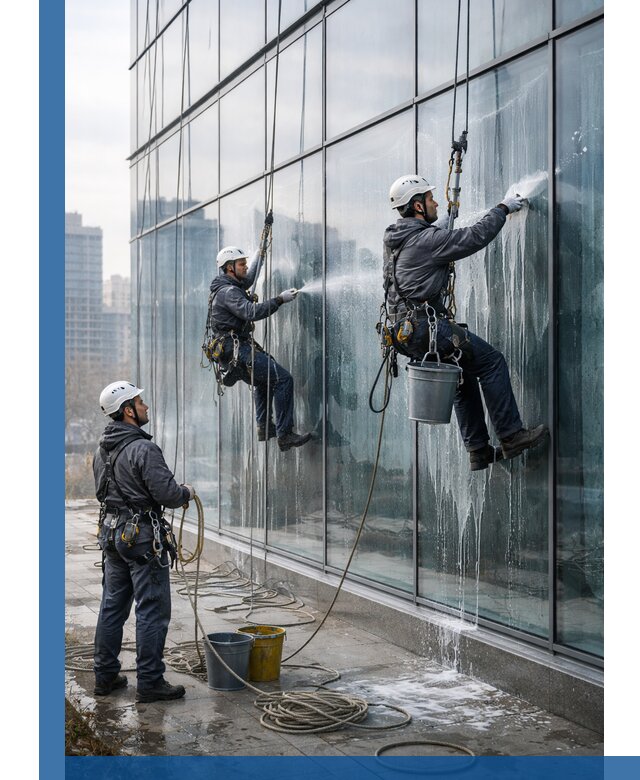 Промышленная мойка панорамных окон на высоте в Алапаевске