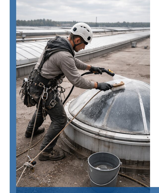 Мойка зенитных фонарей на кровле для промышленных объектов в Алапаевске