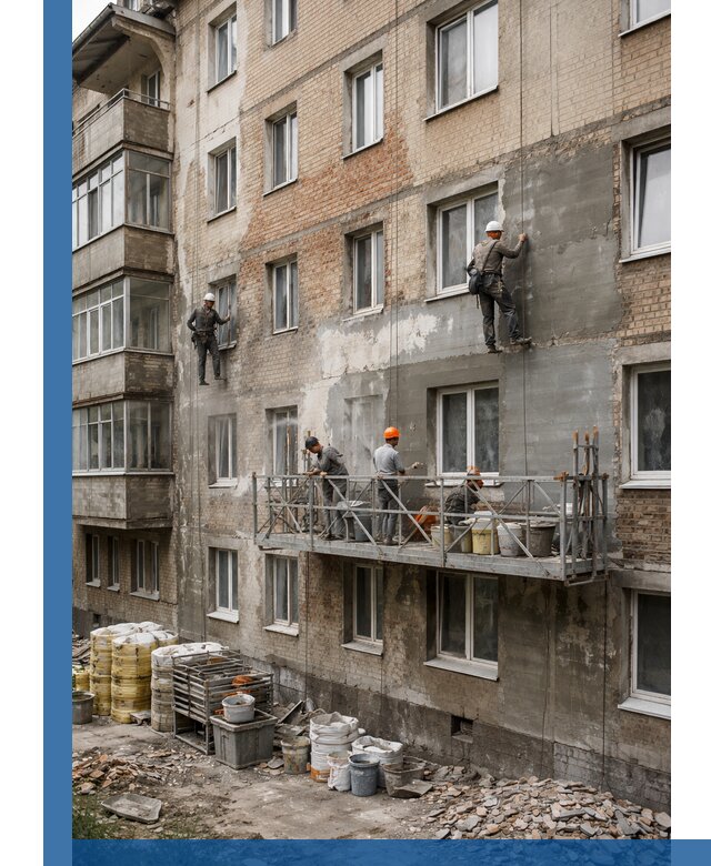 Капитальный ремонт фасада в Алапаевске с восстановлением и гидроизоляцией