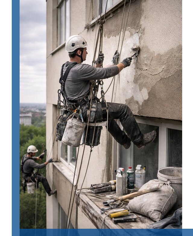 Косметический ремонт фасада зданий в Алапаевске промышленными альпинистами