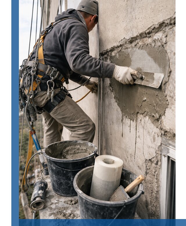 Ремонт бетонных элементов фасада промышленными альпинистами в Алапаевске