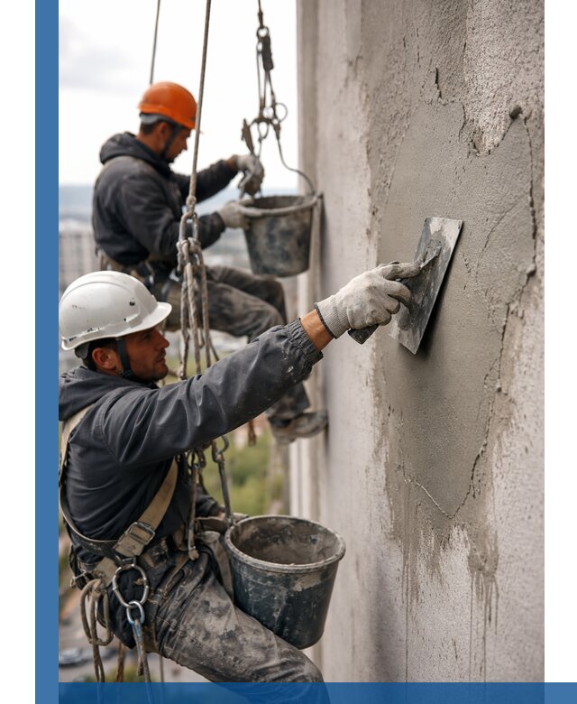 Штукатурка фасада на высоте в Алапаевске профессиональные работы