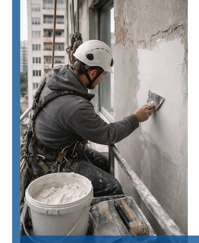 Шпаклевка фасадов на высоте с промальпинистами в Алапаевске