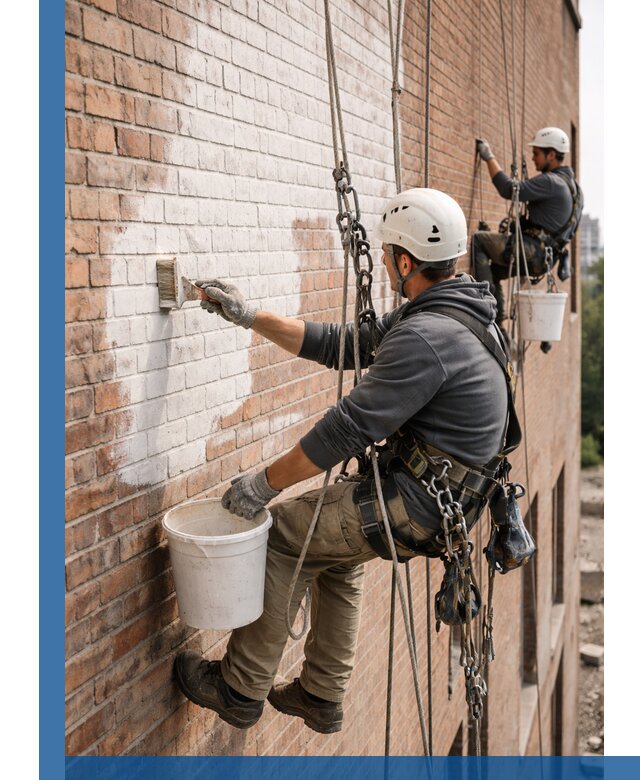 Покраска кирпичного фасада с доступным альпинистским сервисом в Алапаевске
