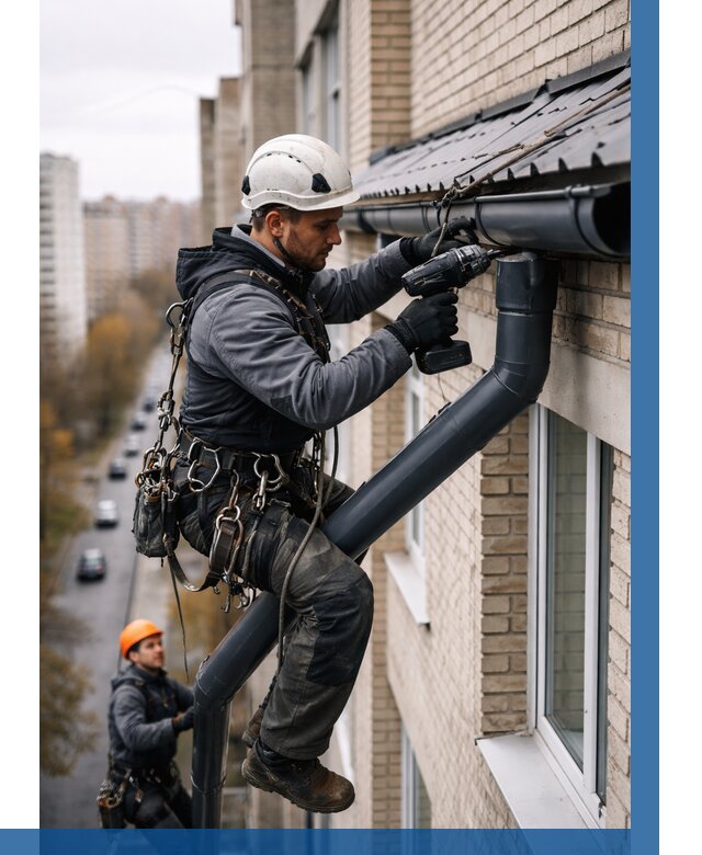 Монтаж водосточной системы на здании в Алапаевске от 5353 р. | ВЫСОТНИК-Лпв