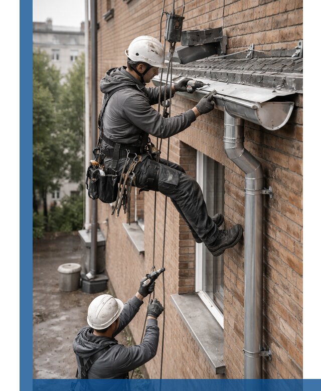 Монтаж водосточной системы на здании в Алапаевске под ключ