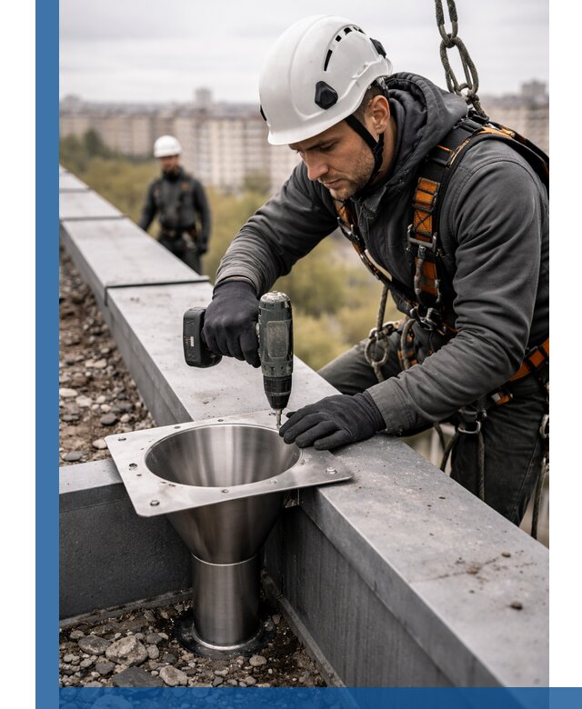 Монтаж водосточных воронок в Алапаевске для промышленных зданий