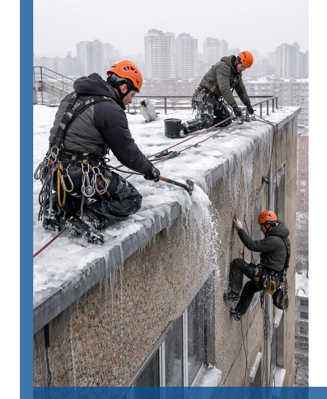 Удаление наледи с кровли в Алапаевске промышленными альпинистами