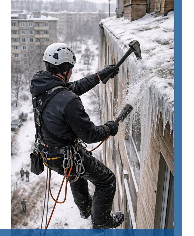 Сбивание сосулек с крыши в Алапаевске по цене от 4817 р. | ВЫСОТНИК-Лпв