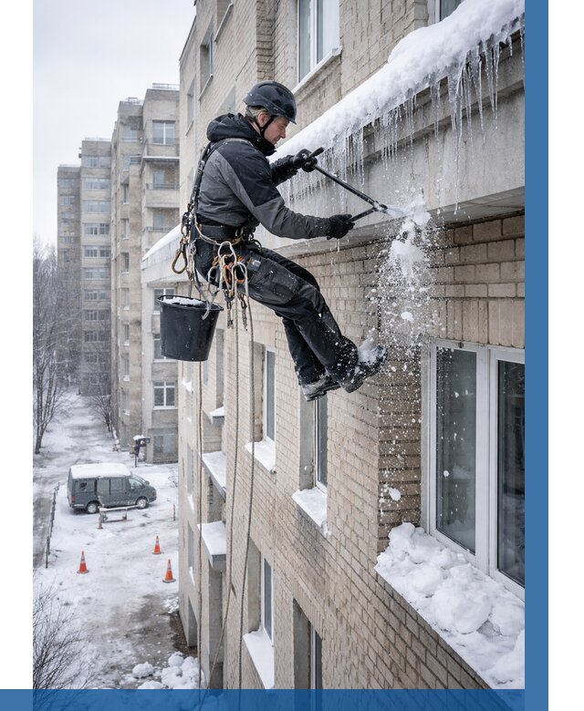 Удаление наледи с карнизов в Алапаевске от 375 р. | ВЫСОТНИК-Лпв