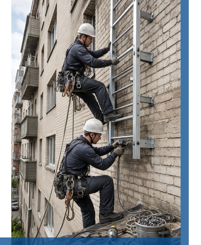 Монтаж пожарной лестницы в Алапаевске от 26763 р заказать у ВЫСОТНИК-Лпв