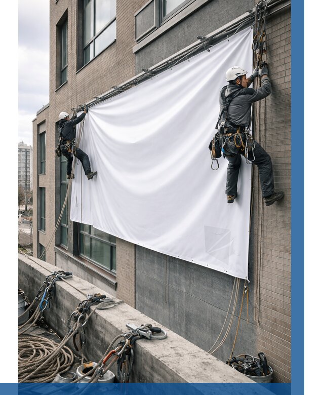 Монтаж баннеров на фасаде в Алапаевске от 696 р. заказать ВЫСОТНИК-Лпв