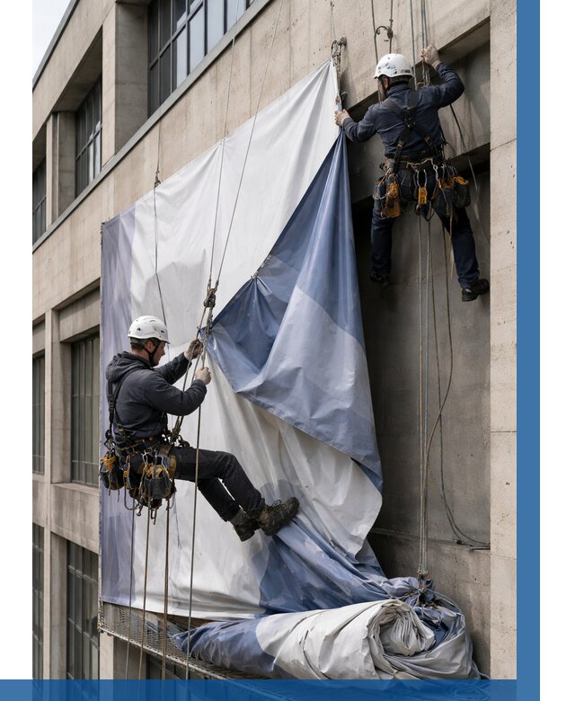 Демонтаж баннеров с фасада в Алапаевске от 4817 р. | ВЫСОТНИК-Лпв