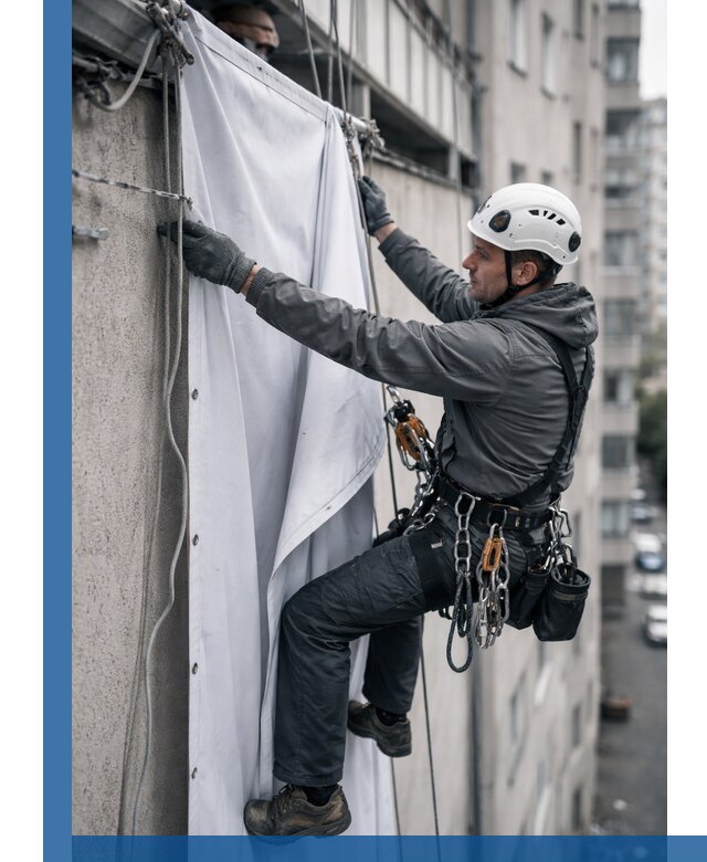 Замена баннерного полотна промышленными альпинистами в Алапаевске