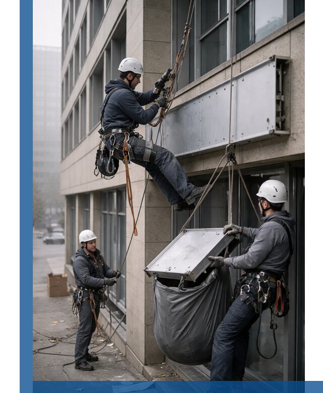 Демонтаж рекламной вывески с высотными работами в Алапаевске