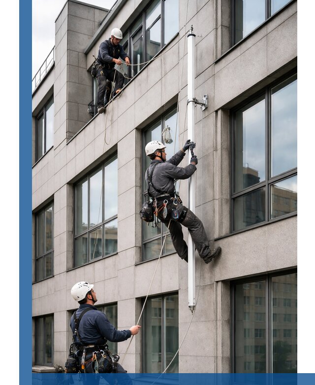 Монтаж флагштока на фасаде здания с креплением и герметикой в Алапаевске