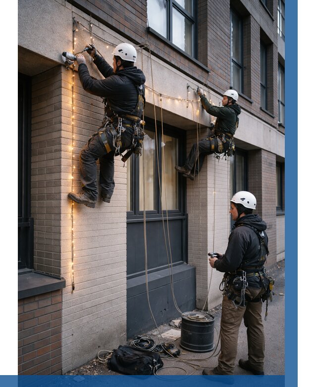 Монтаж гирлянд на фасаде в Алапаевске от 3747 р. | ВЫСОТНИК-Лпв