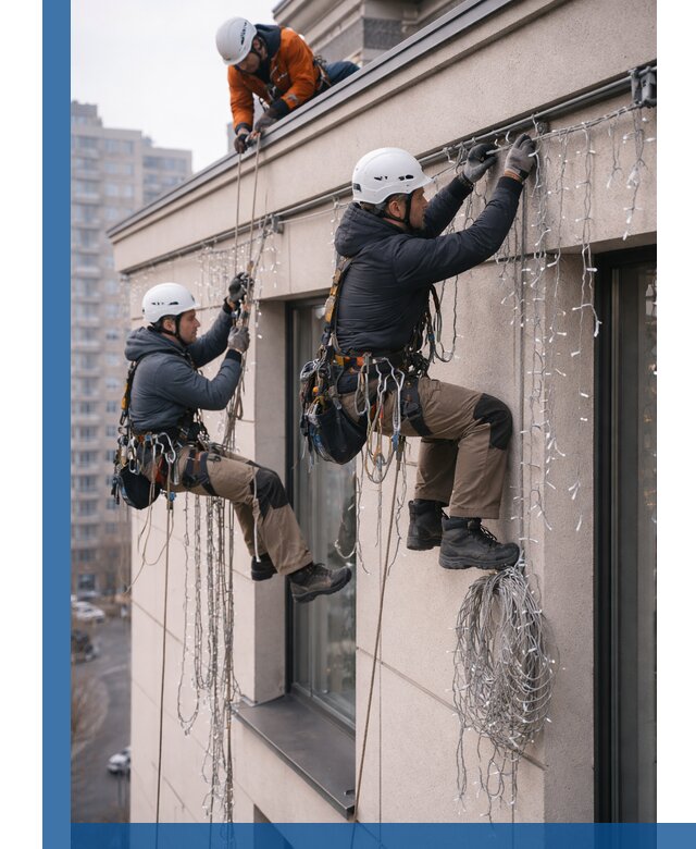 Монтаж праздничных гирлянд на фасаде в Алапаевске для зданий