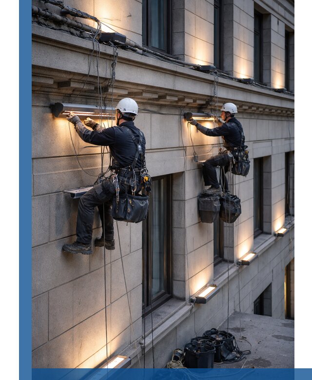 Монтаж архитектурной подсветки фасадов зданий в Алапаевске