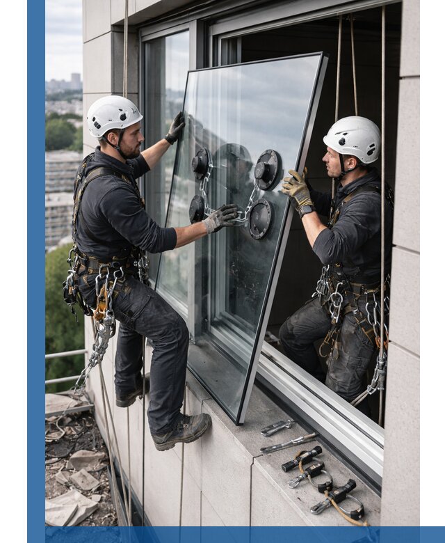 Замена стеклопакетов на высоте с промышленными альпинистами в Алапаевске