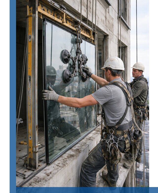 Монтаж стеклопакетов на высоте в Алапаевске с промышленным альпинизмом
