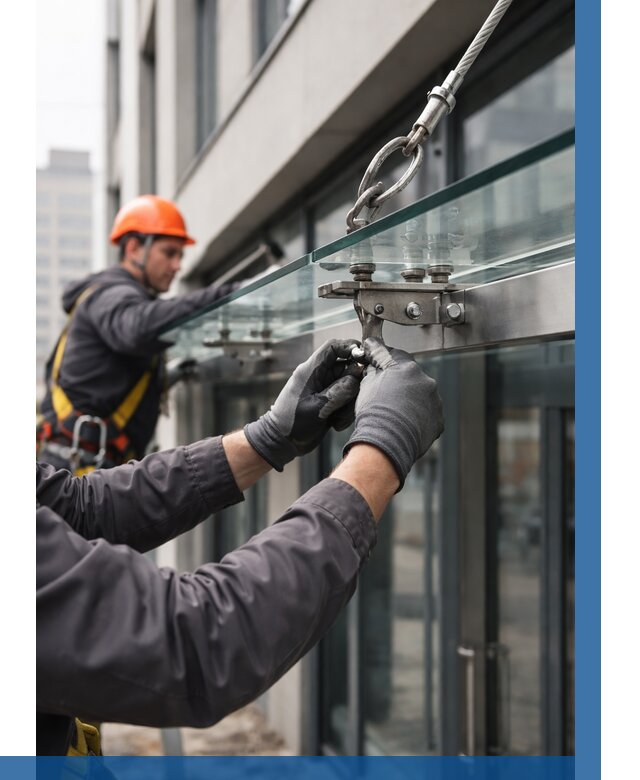 Монтаж стеклянных козырьков в Алапаевске от 9099 р. | ВЫСОТНИК-Лпв