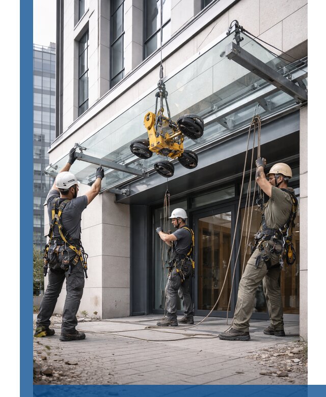 Монтаж стеклянных козырьков под ключ в Алапаевске для зданий