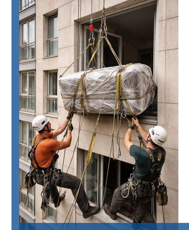 Подъем грузов через окно в Алапаевске промышленными альпинистами