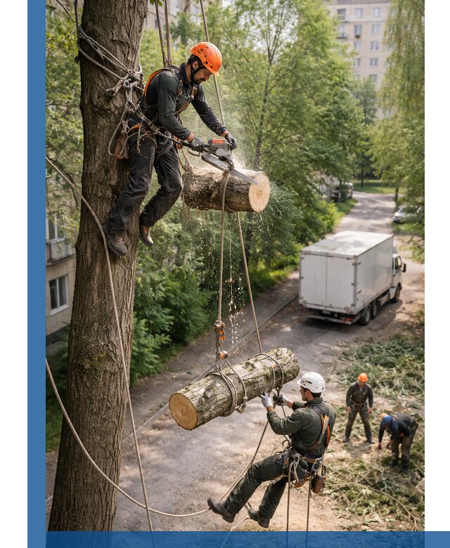 Спил деревьев альпинистами в Алапаевске, безопасно и без повреждений