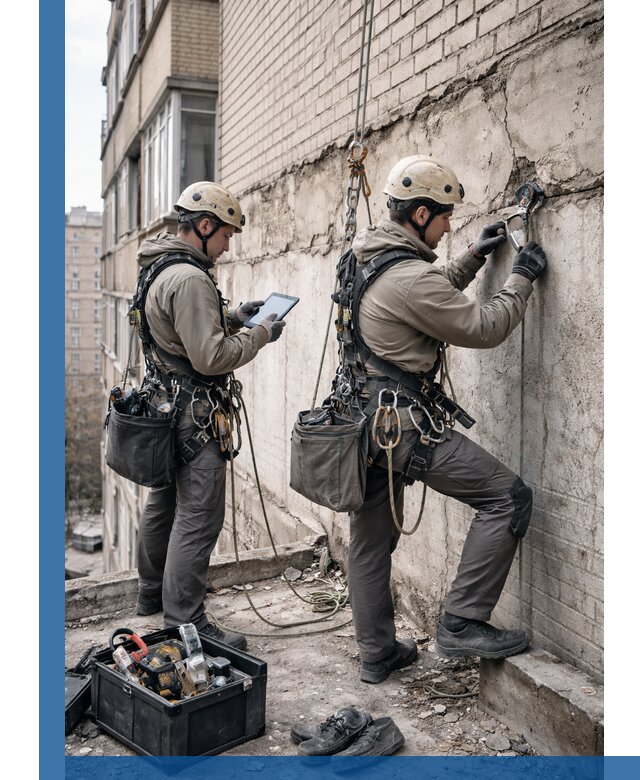 Обследование фасада промышленными альпинистами в Алапаевске